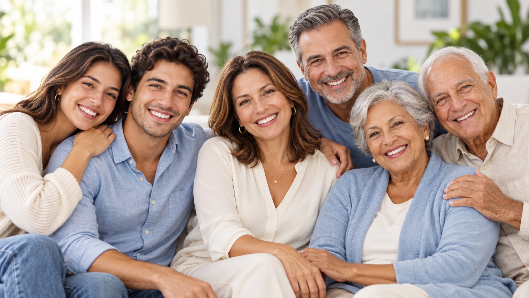 Three generations of a family sitting together on a sofa