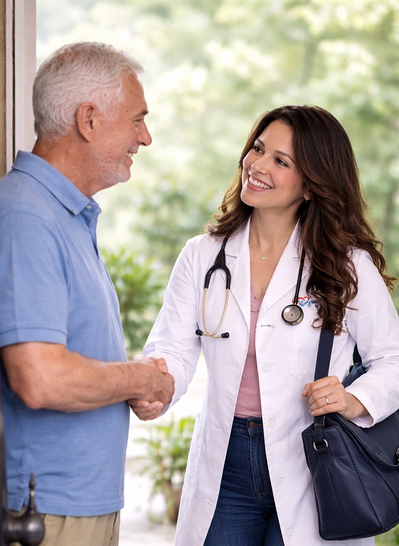 Physician greeting an older patient at the door of a home